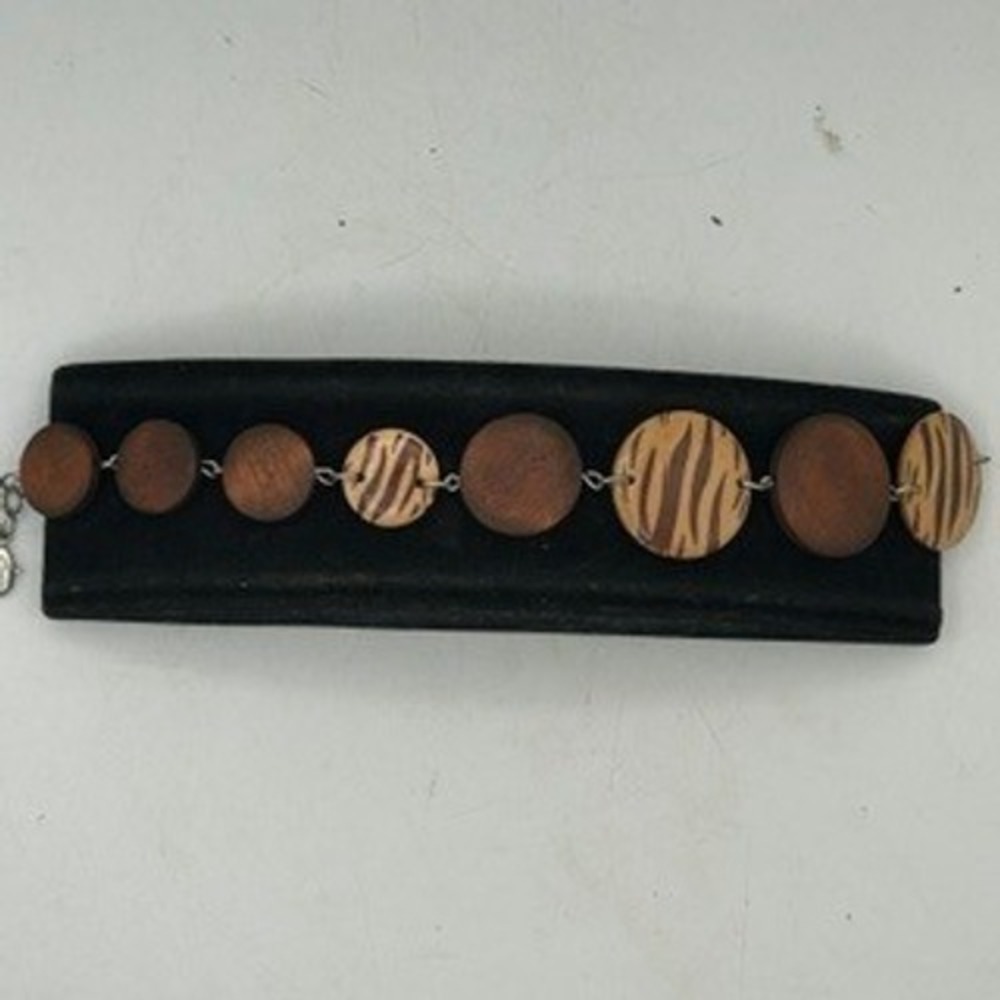 Boho Wood Circle Link Bracelet Tiger Stripe Animal Print Brown Earthy Adjustable
